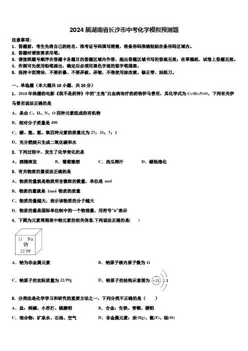 2024届湖南省长沙市中考化学模拟预测题含解析