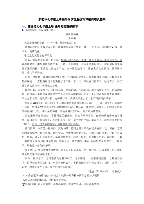 新初中七年级上册课外阅读理解技巧习题训练及答案