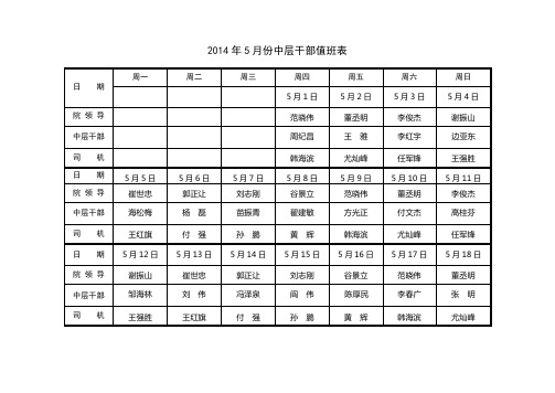 2014年5月份中层干部值班表