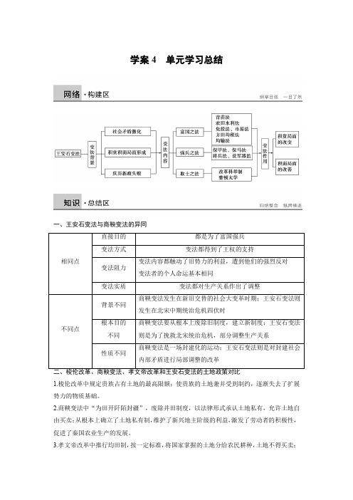 高二历史人教版选修一学案与检测：第四单元 王安石变法 单元学习总结 Word版含解析