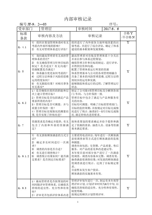 质量体系各部门内审检查表及审核记录