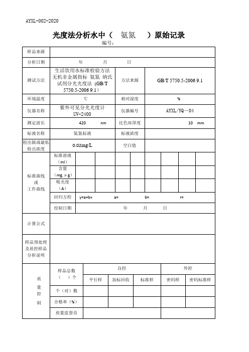 (水质检测实操原始记录)氨氮