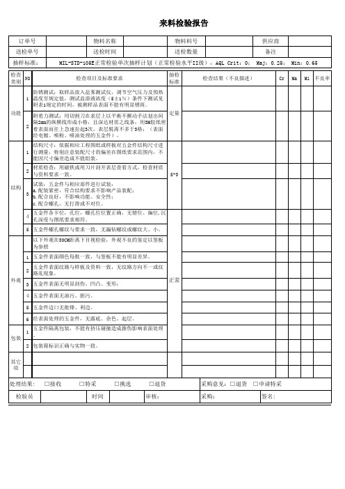 五金件来料检验报告