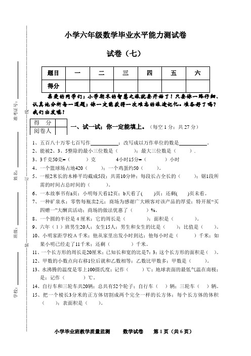 小学毕业班数学毕业水平能力测试卷及答案