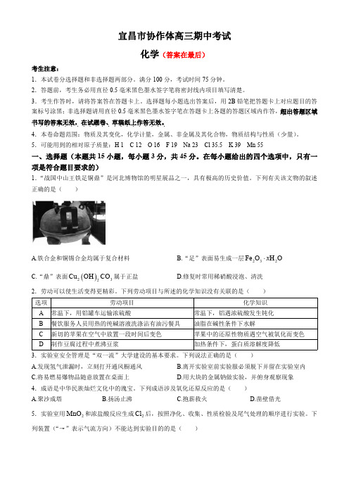 湖北省宜昌市协作体2024-2025学年高三上学期期中考试化学试题含答案