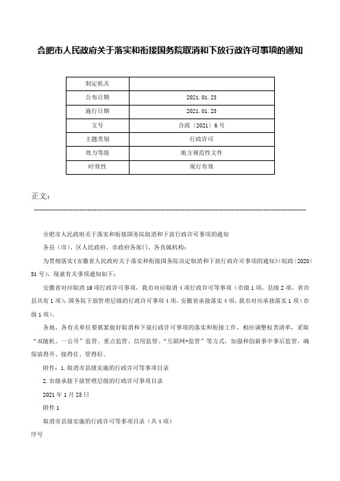 合肥市人民政府关于落实和衔接国务院取消和下放行政许可事项的通知-合政〔2021〕6号