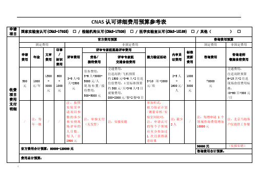 CNAS认可详细费用预算参考表-新