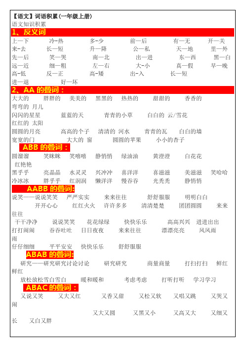 最新人教版一年级语文上册词语积累(1)