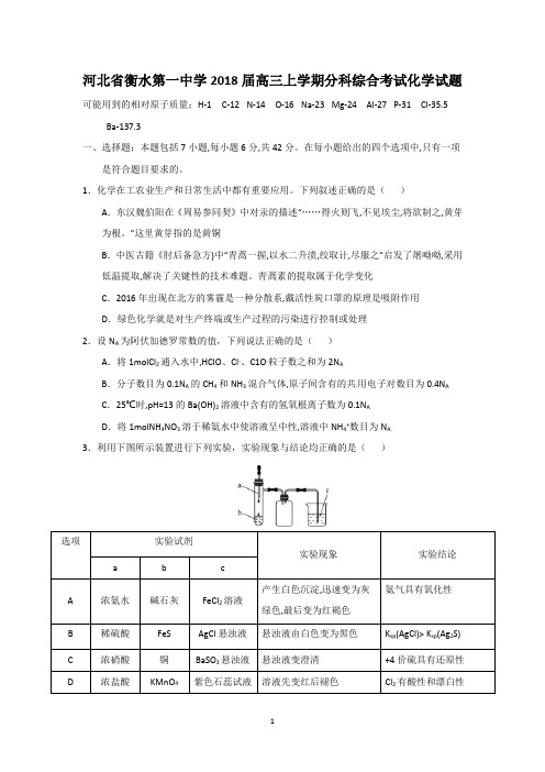 河北省衡水第一中学2018届高三上学期分科综合考试化学试题word版 含答案