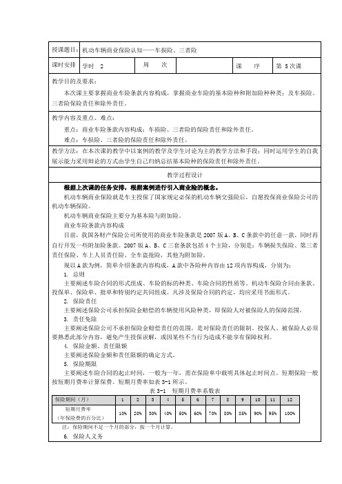 中职汽车类专业课程《汽车保险与理赔》教学设计教案《机动车辆商业保险认知——车损险、三者险》