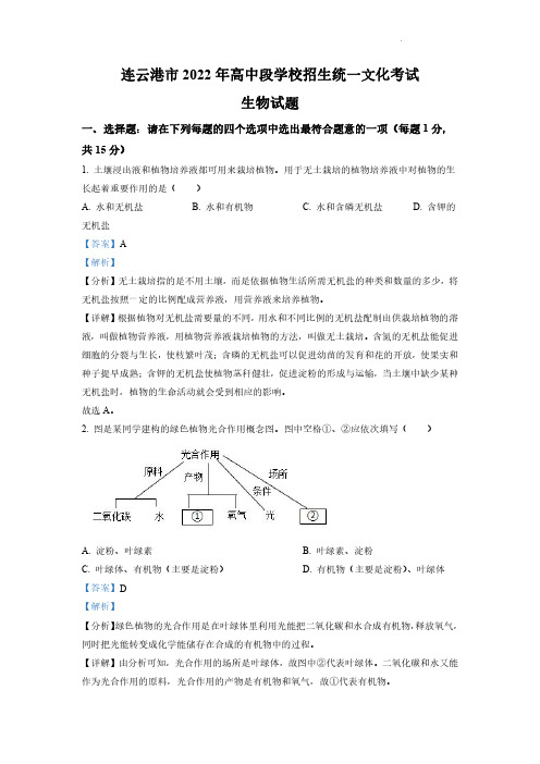 2022年江苏省连云港市中考生物真题(含答案)