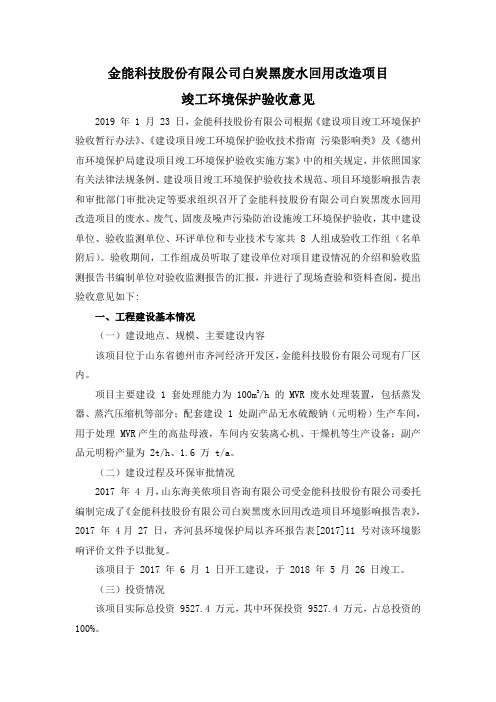 金能科技股份有限公司白炭黑废水回用改造项目竣工环境保护验收意见