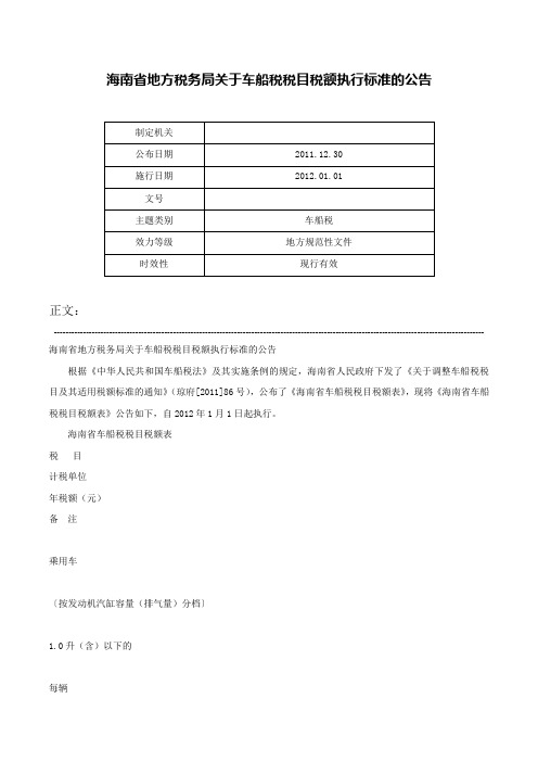 海南省地方税务局关于车船税税目税额执行标准的公告-