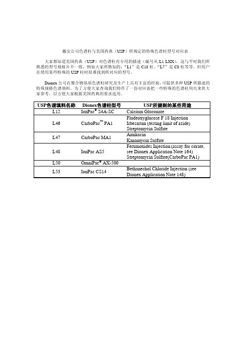 戴安公司提供与美国药典(USP)规定的特殊色谱柱型号对应表