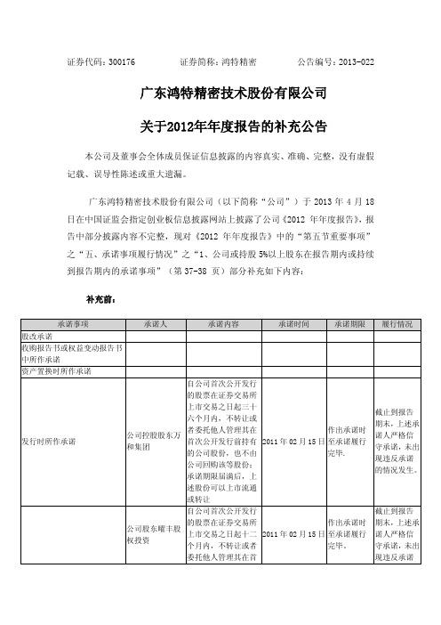 鸿特精密：关于2012年年度报告的补充公告