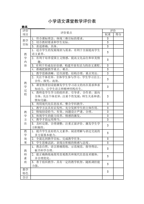 小学语文课堂教学评价表