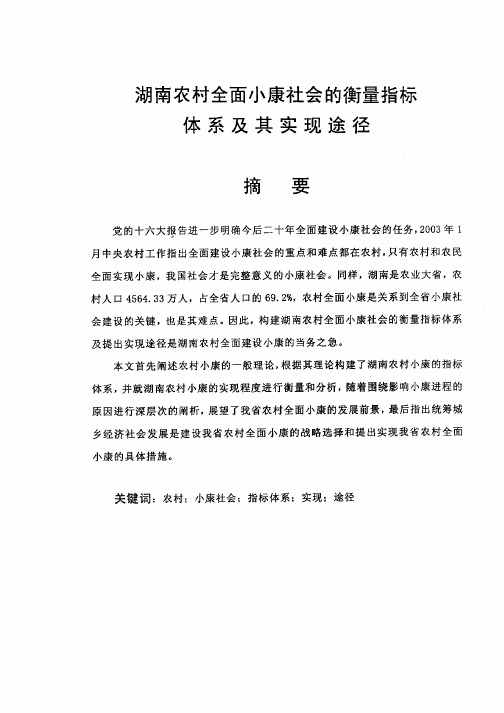 湖南农村全面小康社会的衡量指标体系及其实现途径