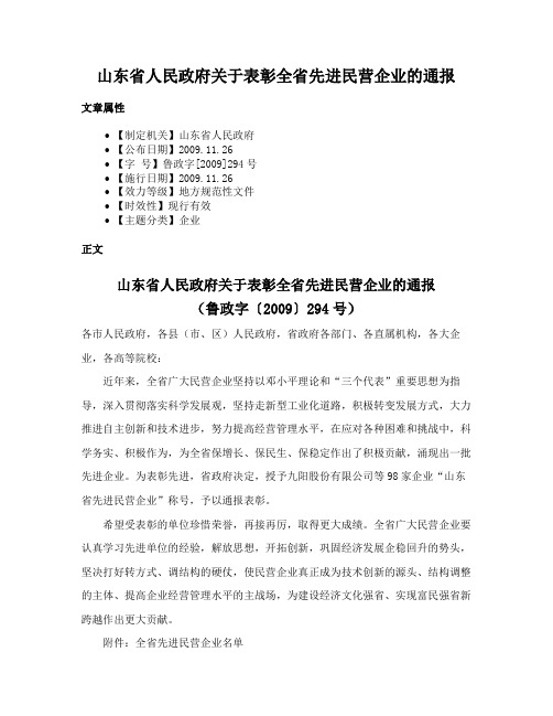 山东省人民政府关于表彰全省先进民营企业的通报