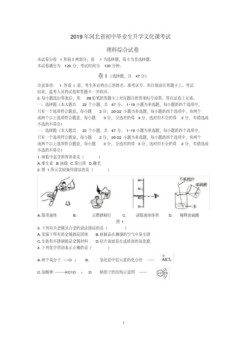 完整版2019年河北省中考理综试题Word版含答案