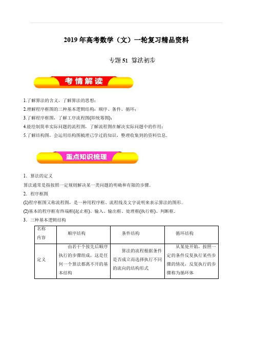 2019年高考数学(文)一轮复习精品资料：专题51算法初步(教学案)含解析