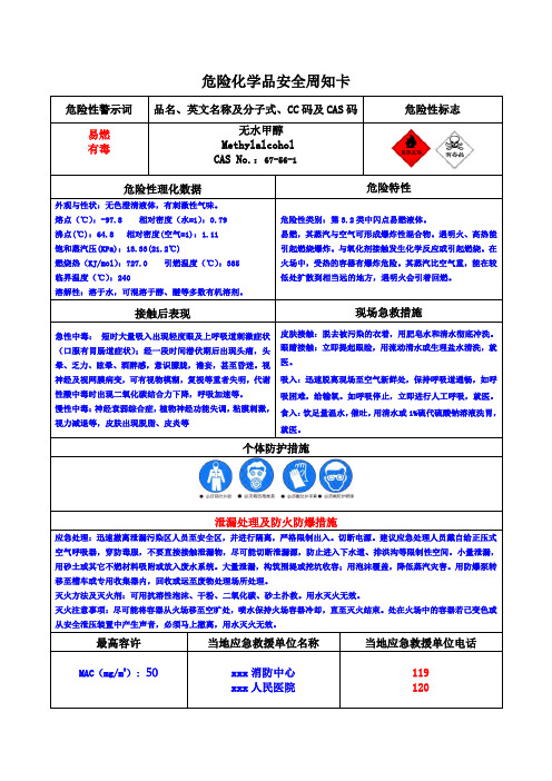 甲醇安全周知卡(危化品)