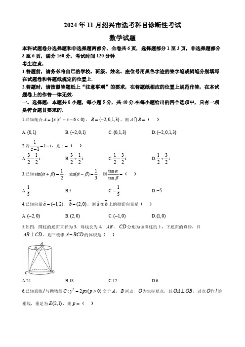 浙江省绍兴市2024-2025学年高三上学期11月选考科目诊断性考试数学试题(含答案)