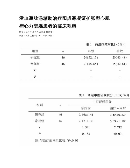 活血通脉汤辅助治疗阳虚寒凝证扩张型心肌病心力衰竭患者的临床观察