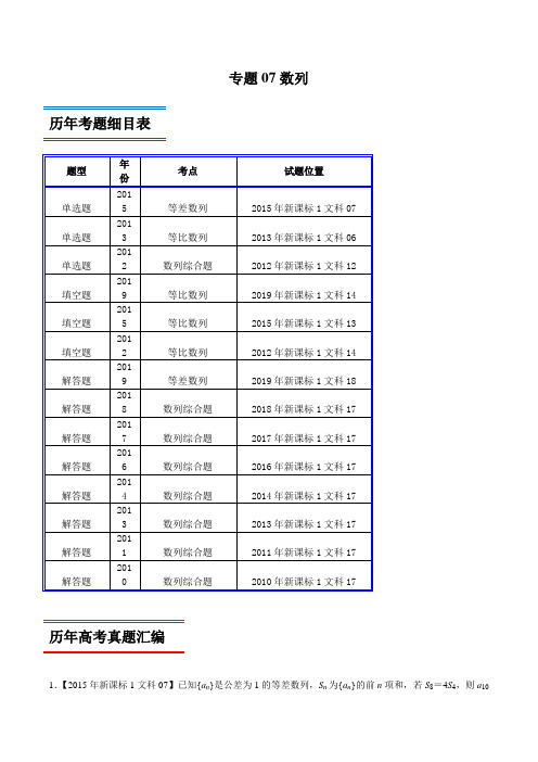 十年真题(2010-2019)高考数学(文)分类汇编专题07 数列(新课标Ⅰ卷)(原卷版)