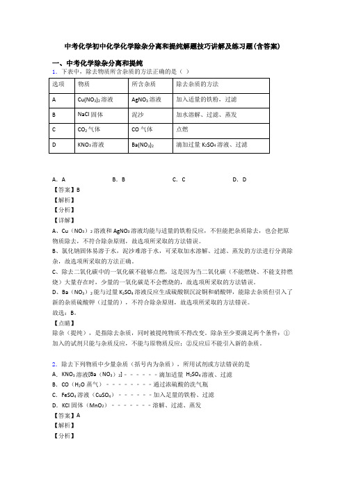 中考化学初中化学化学除杂分离和提纯解题技巧讲解及练习题(含答案)