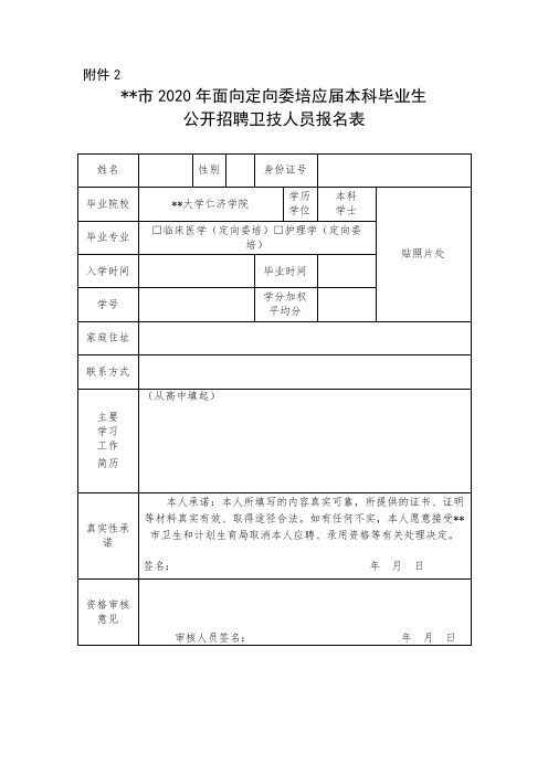 XX市2020年面向定向委培应届本科毕业生公开招聘卫技人员报名表【模板】