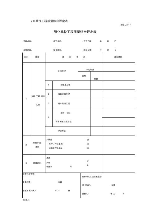 绿化单位工程质量综合评定表模板