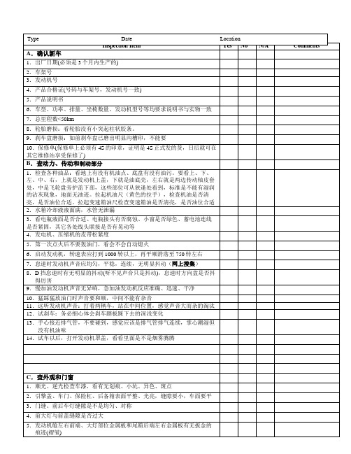 汽车通用提车检查表check_list