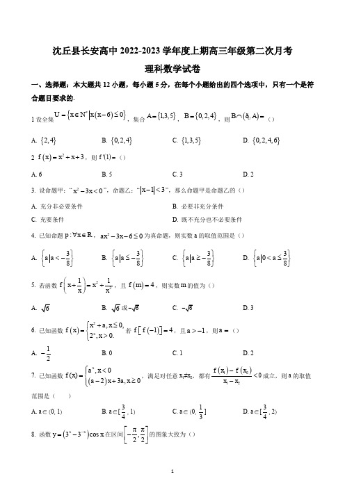 河南省周口市沈丘县长安高级中学2022-2023学年高三上学期第二次月考理科数学试题