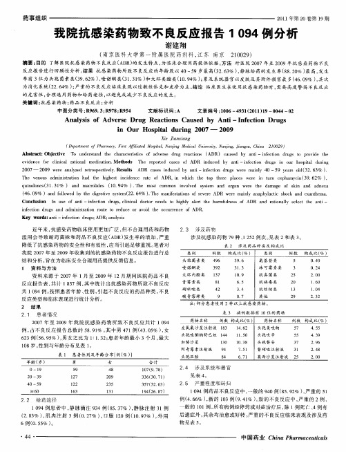 我院抗感染药物致不良反应报告1094例分析