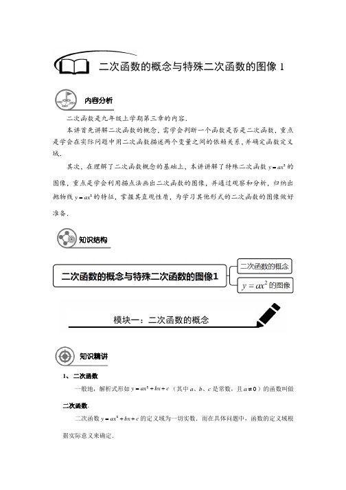 沪教版 九年级数学 暑假同步讲义  第15讲 二次函数的概念及特殊二次函数的图像(解析版)