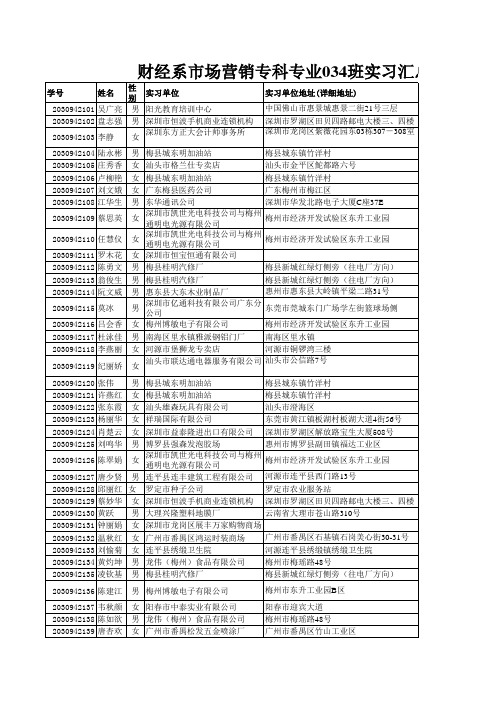 财经系市场营销专科专业034班实习汇总表