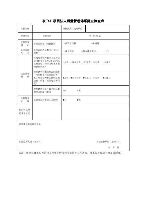 项目法人质量管理体系建立检查表