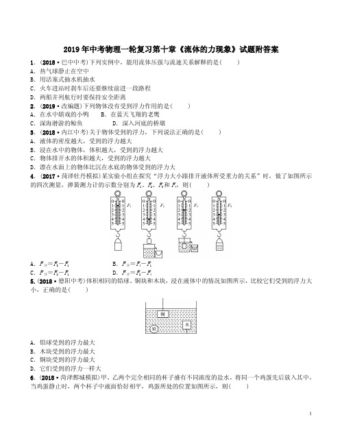 2019年中考物理一轮复习第十章《流体的力现象》试题附答案