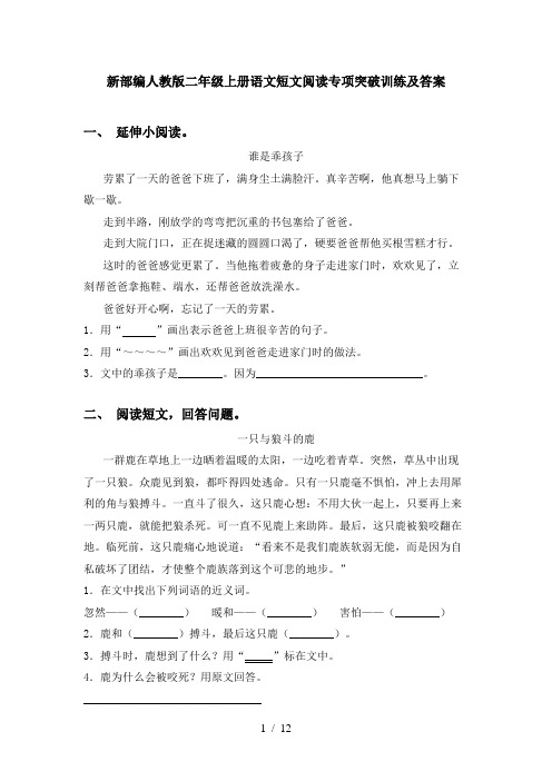 新部编人教版二年级上册语文短文阅读专项突破训练及答案