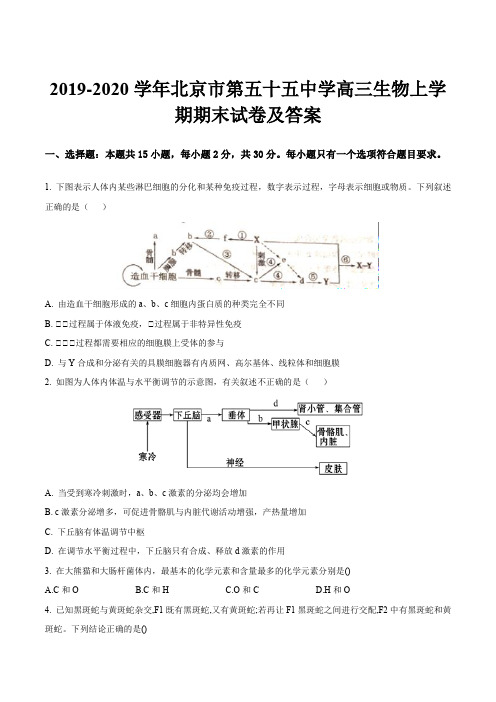 2019-2020学年北京市第五十五中学高三生物上学期期末试卷及答案