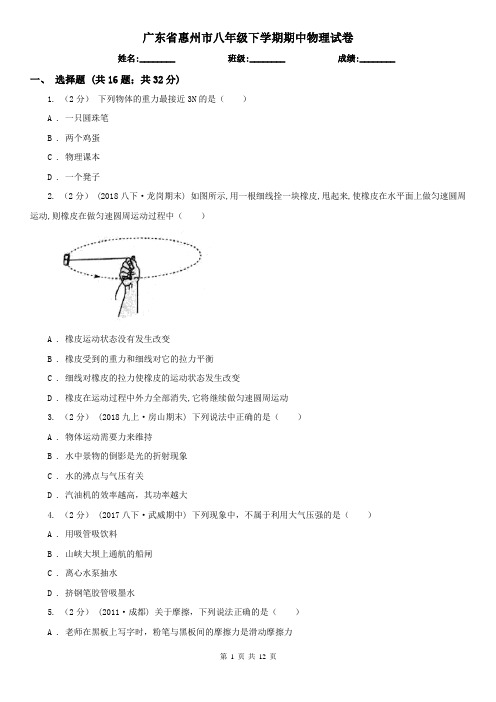 广东省惠州市八年级下学期期中物理试卷 