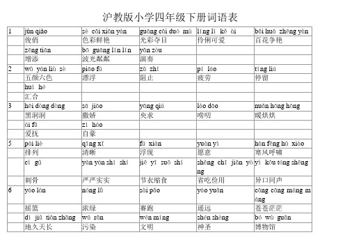 沪教版小学四年级下册词语表拼音及默写