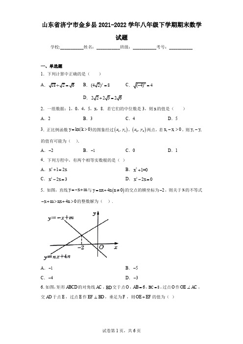 山东省济宁市金乡县2021-2022学年八年级下学期期末数学试题