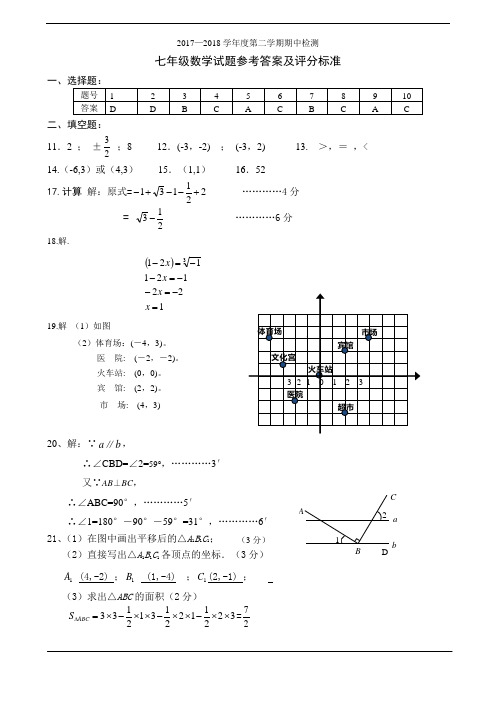 2017-2018学年七年级数学下册期中检测试卷参考答案及评分标准