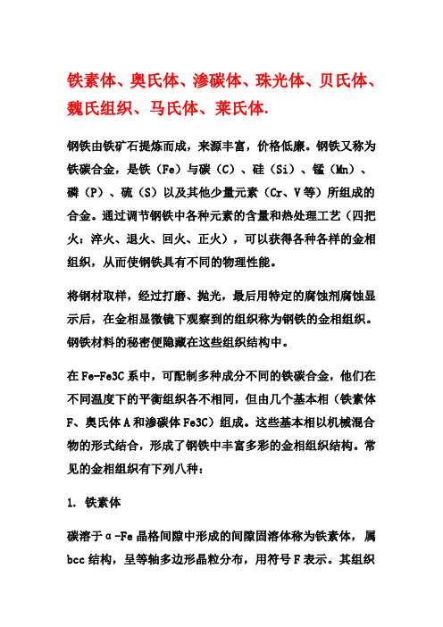 铁素体、奥氏体、渗碳体、珠光体、贝氏体、魏氏组织、马氏体、莱氏体.