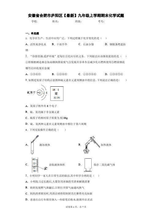 安徽省合肥市庐阳区2020-2021学年九年级上学期期末化学试题