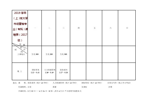 2019学年(上)夜大学市场营销专业(专科)课程表(2017