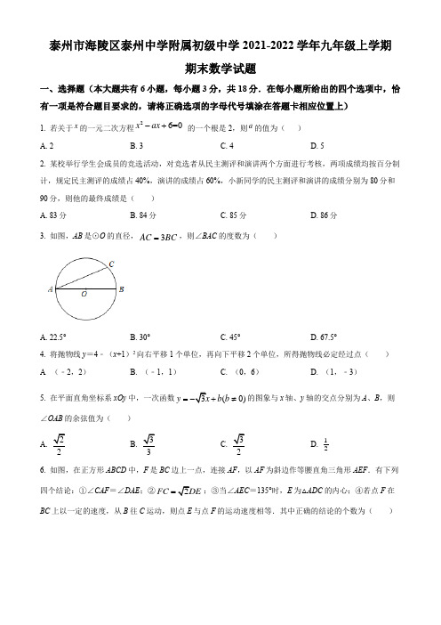 泰州市海陵区泰州中学附属初级中学2021-2022学年九年级上学期期末数学试题(含解析)