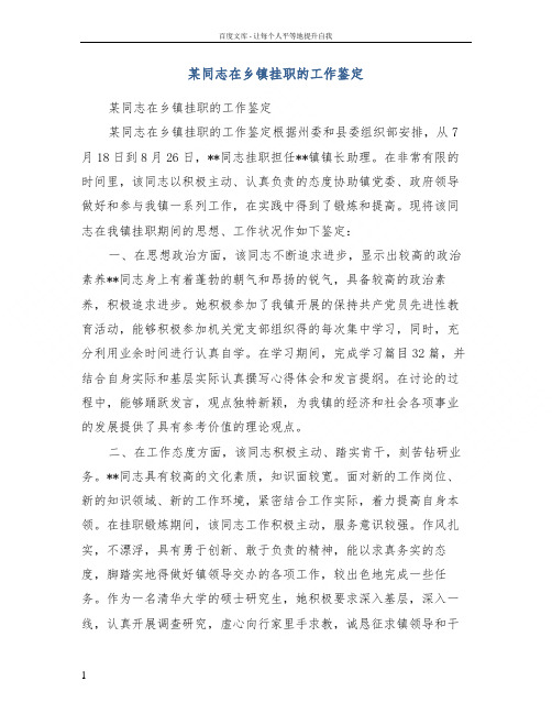 某同志在乡镇挂职的工作鉴定