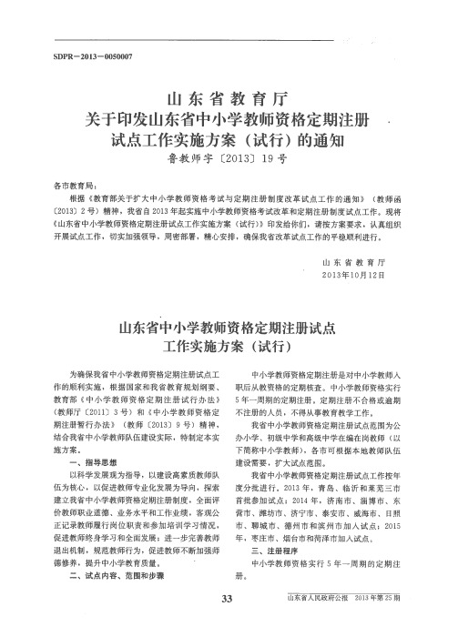 山东省教育厅关于印发山东省中小学教师资格定期注册试点工作实施